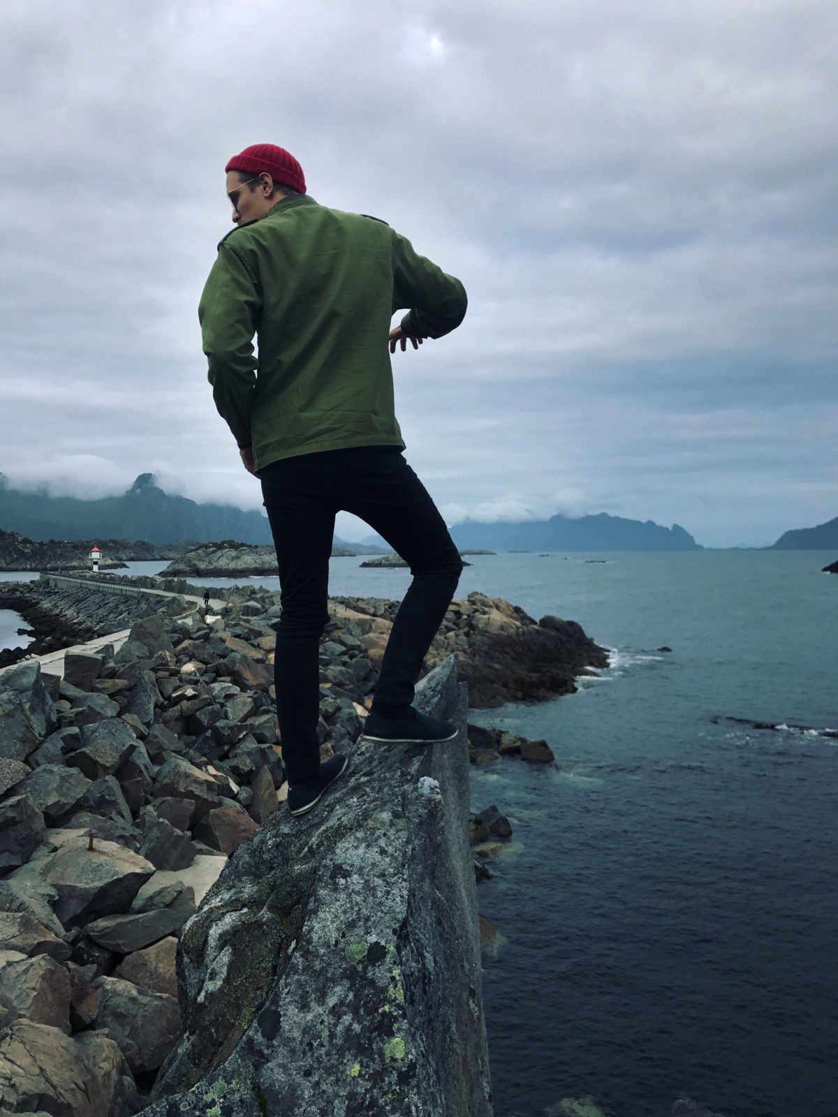 Climbing on a rock in Lofoten.